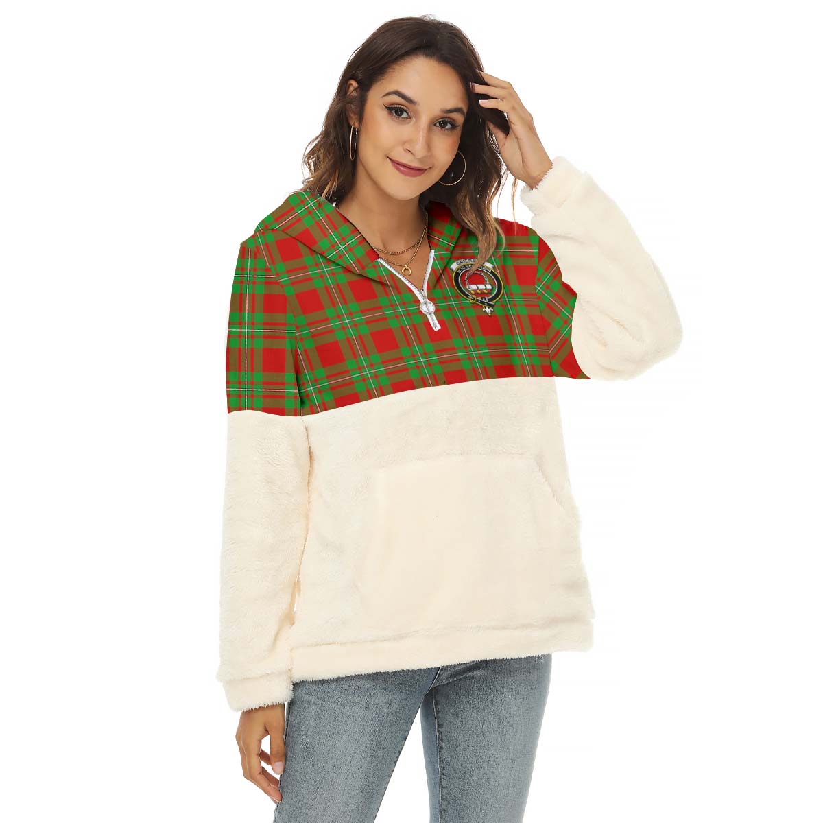 Grierson Tartan Women's Borg Fleece Hoodie With Half Zip with Family Crest Female - Tartan Vibes Clothing