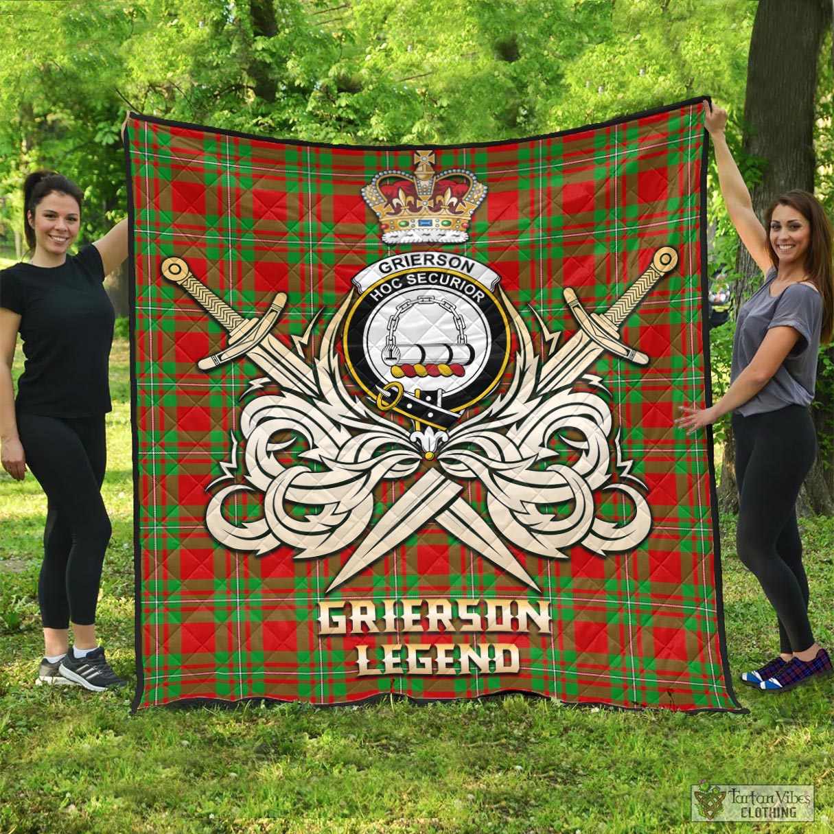 Tartan Vibes Clothing Grierson Tartan Quilt with Clan Crest and the Golden Sword of Courageous Legacy