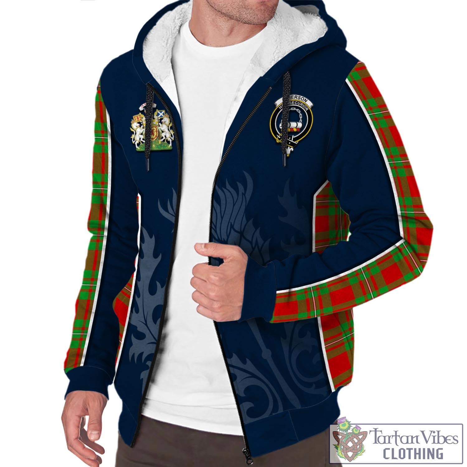 Tartan Vibes Clothing Grierson Tartan Sherpa Hoodie with Family Crest and Scottish Thistle Vibes Sport Style