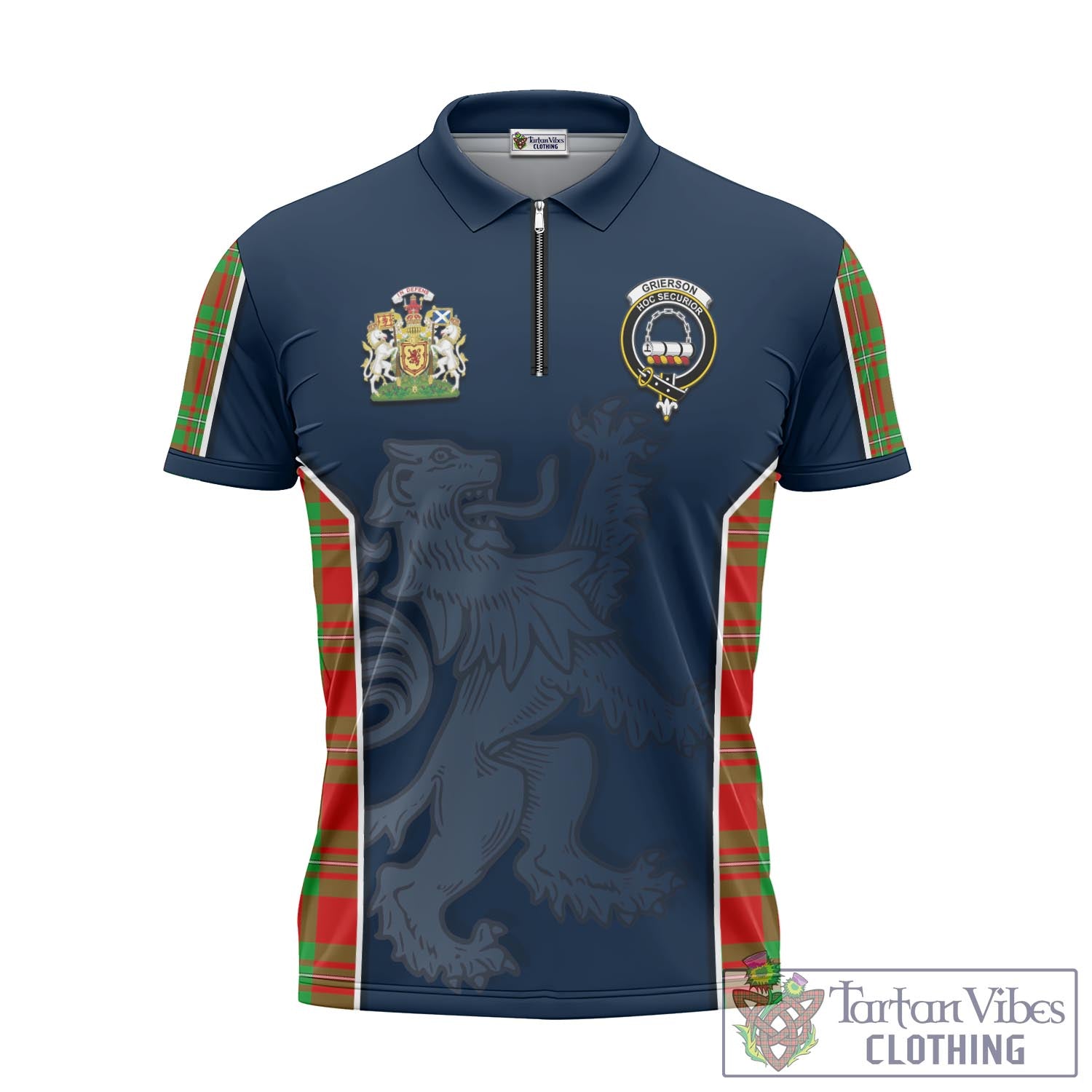 Tartan Vibes Clothing Grierson Tartan Zipper Polo Shirt with Family Crest and Lion Rampant Vibes Sport Style