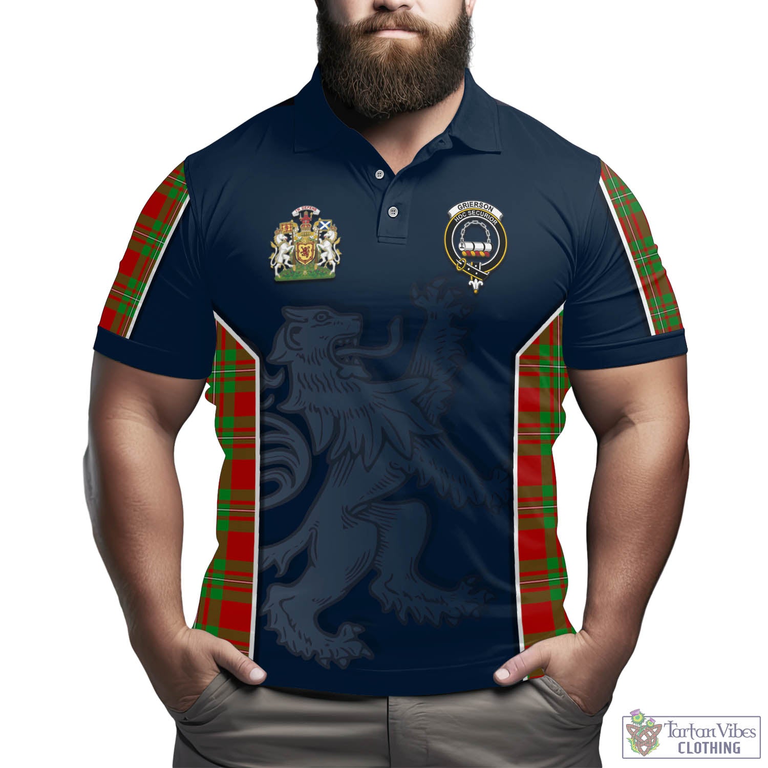 Tartan Vibes Clothing Grierson Tartan Men's Polo Shirt with Family Crest and Lion Rampant Vibes Sport Style