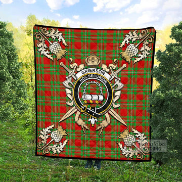 Grierson Tartan Quilt with Family Crest and Scottish Golden Courage Shield