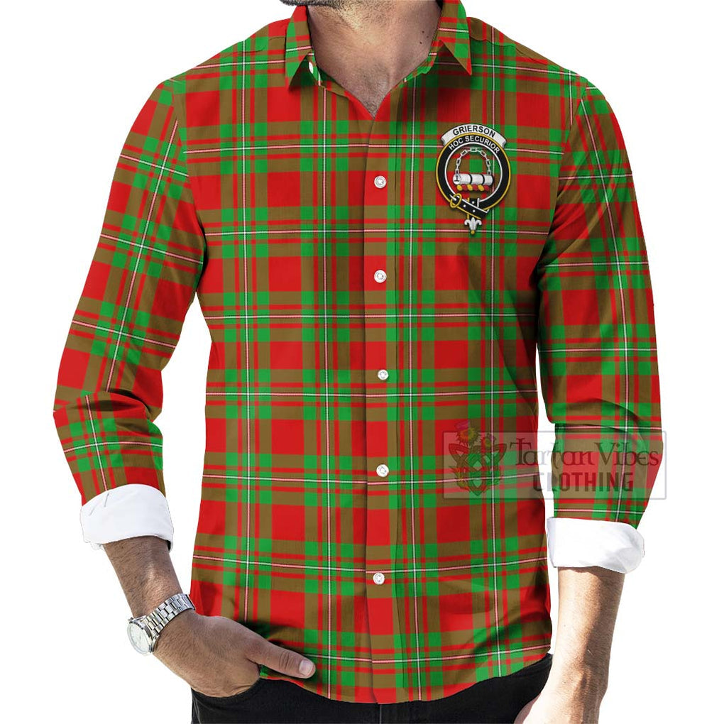 Tartan Vibes Clothing Grierson Tartan Long Sleeve Button Shirt with Family Crest Celtic Skull Style