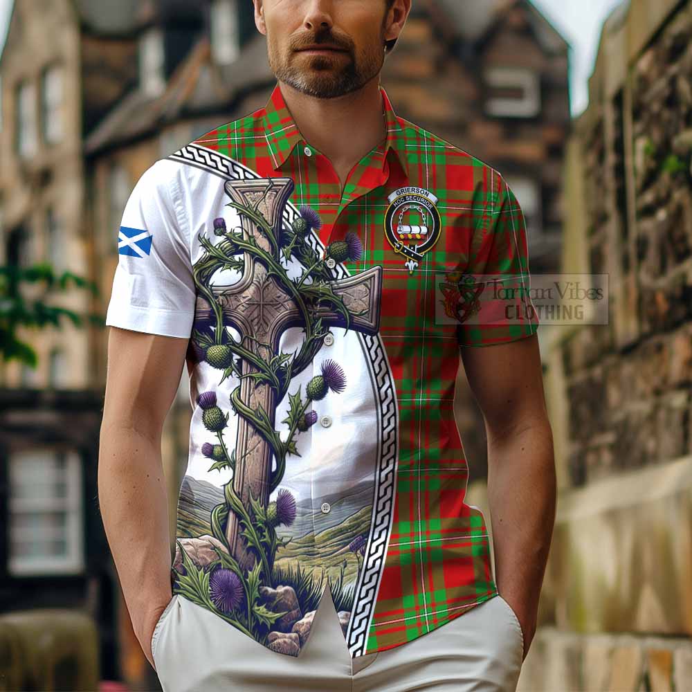 Tartan Vibes Clothing Grierson Tartan Short Sleeve Button Shirt with Family Crest and St. Andrew's Cross Accented by Thistle Vines