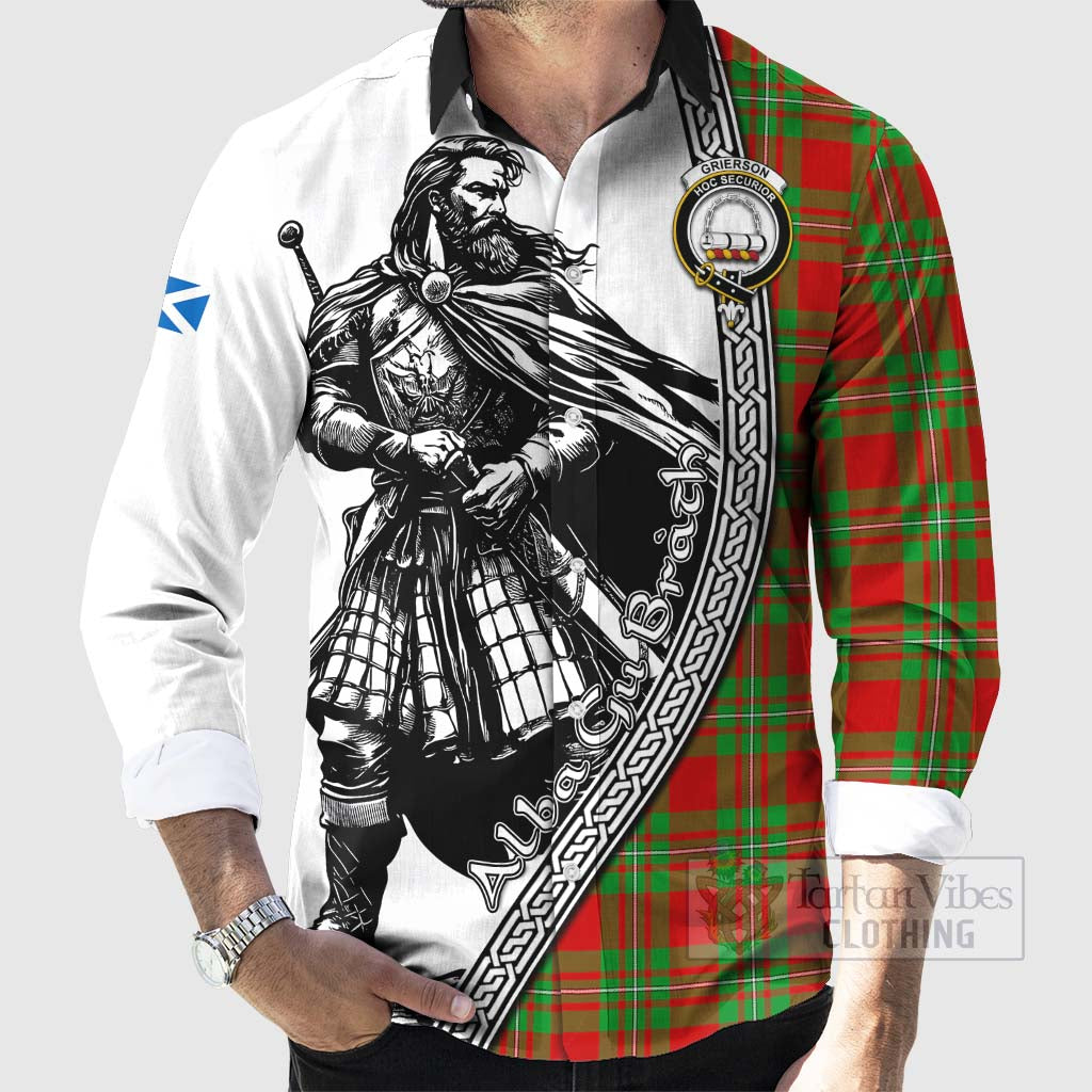 Tartan Vibes Clothing Grierson Tartan Clan Crest Long Sleeve Button Shirt with Highlander Warrior Celtic Style