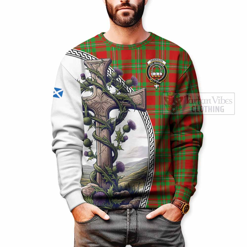 Tartan Vibes Clothing Grierson Tartan Sweatshirt with Family Crest and St. Andrew's Cross Accented by Thistle Vines