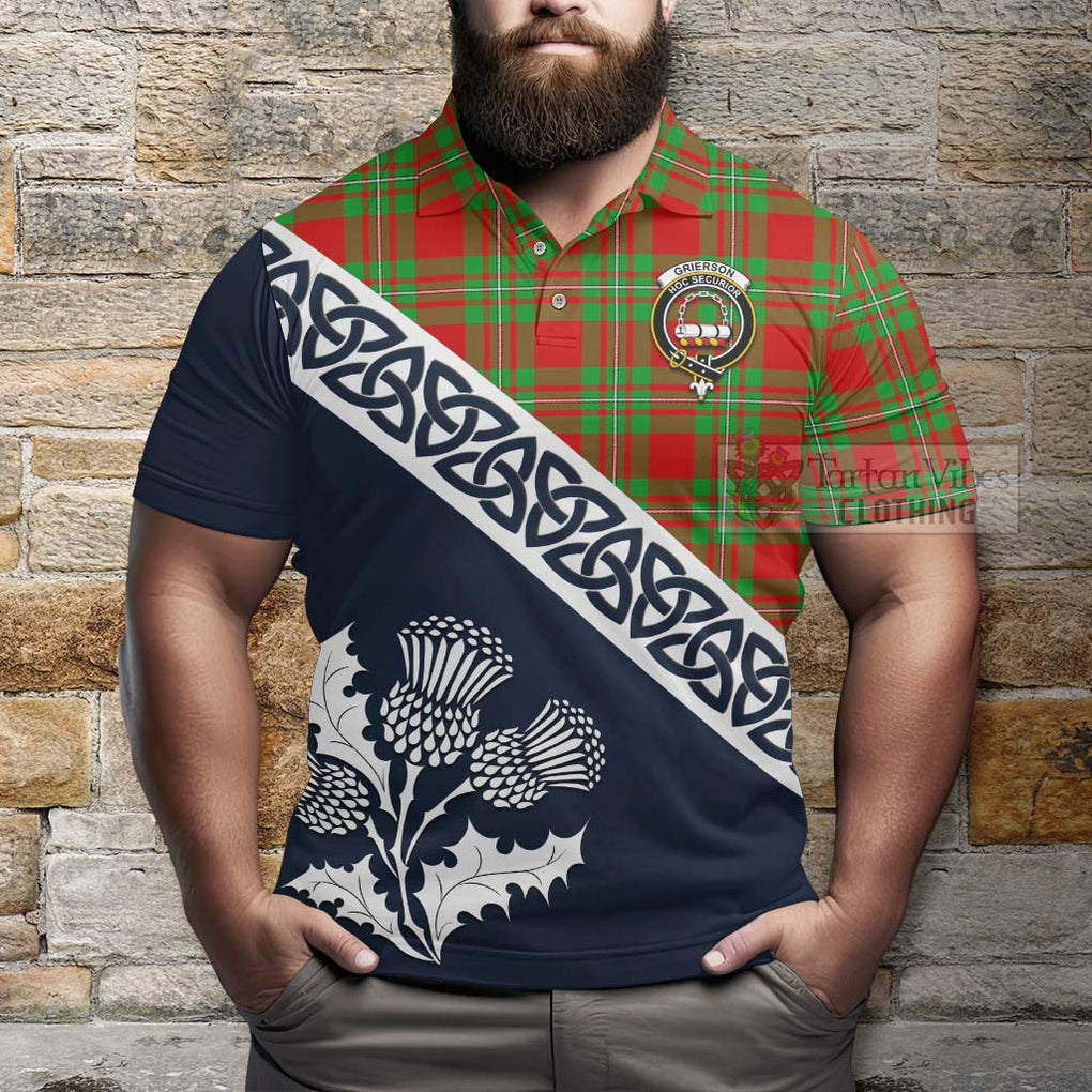 Grierson Tartan Polo Shirt Featuring Thistle and Scotland Map