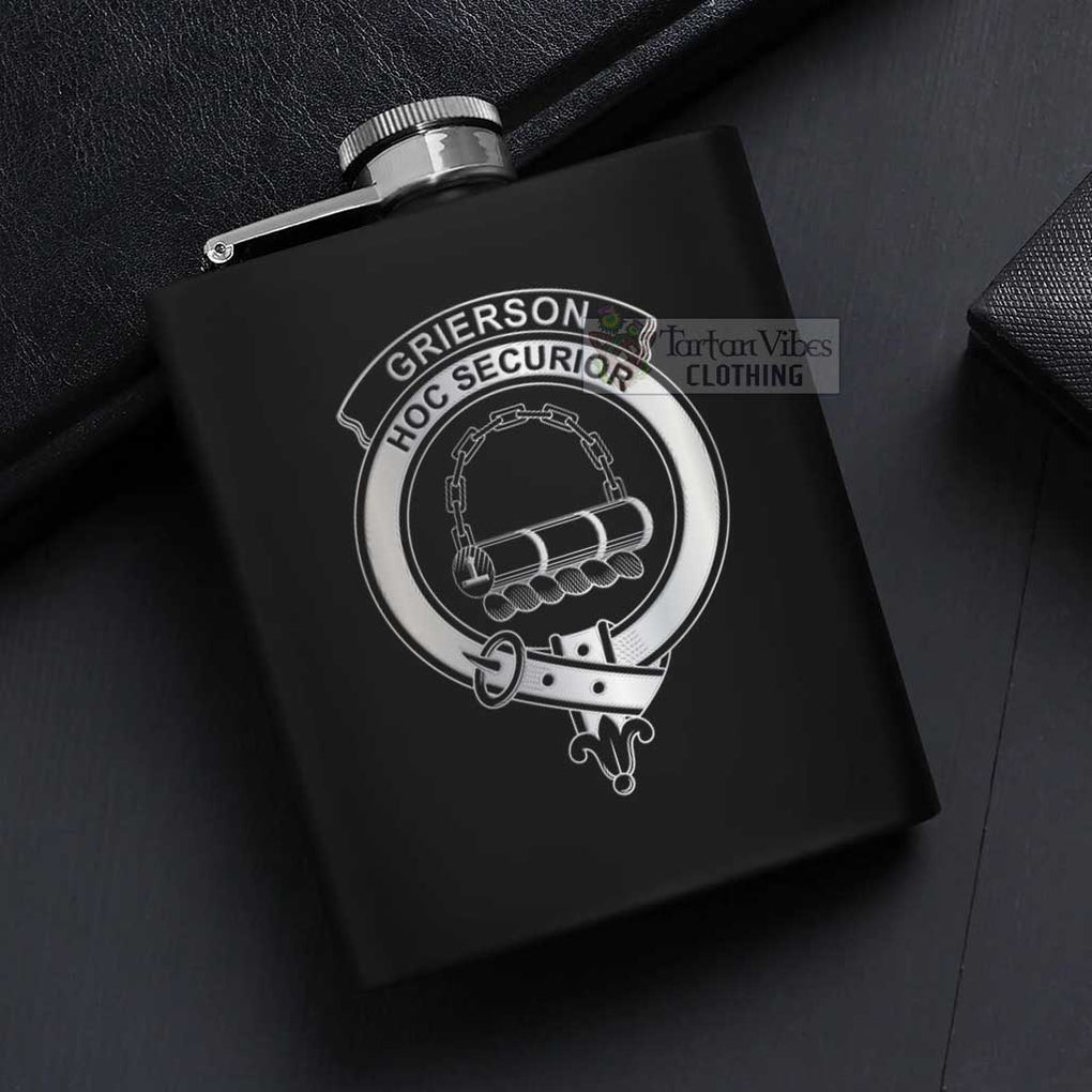 Tartan Vibes Clothing Grierson Crest Hip Flask Set 7oz Black Stainless Steel with A Gift Box