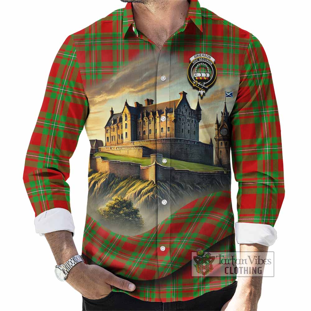 Grierson Tartan Family Crest Long Sleeve Button Shirt with Scottish Ancient Castle Style - Tartan Vibes Clothing