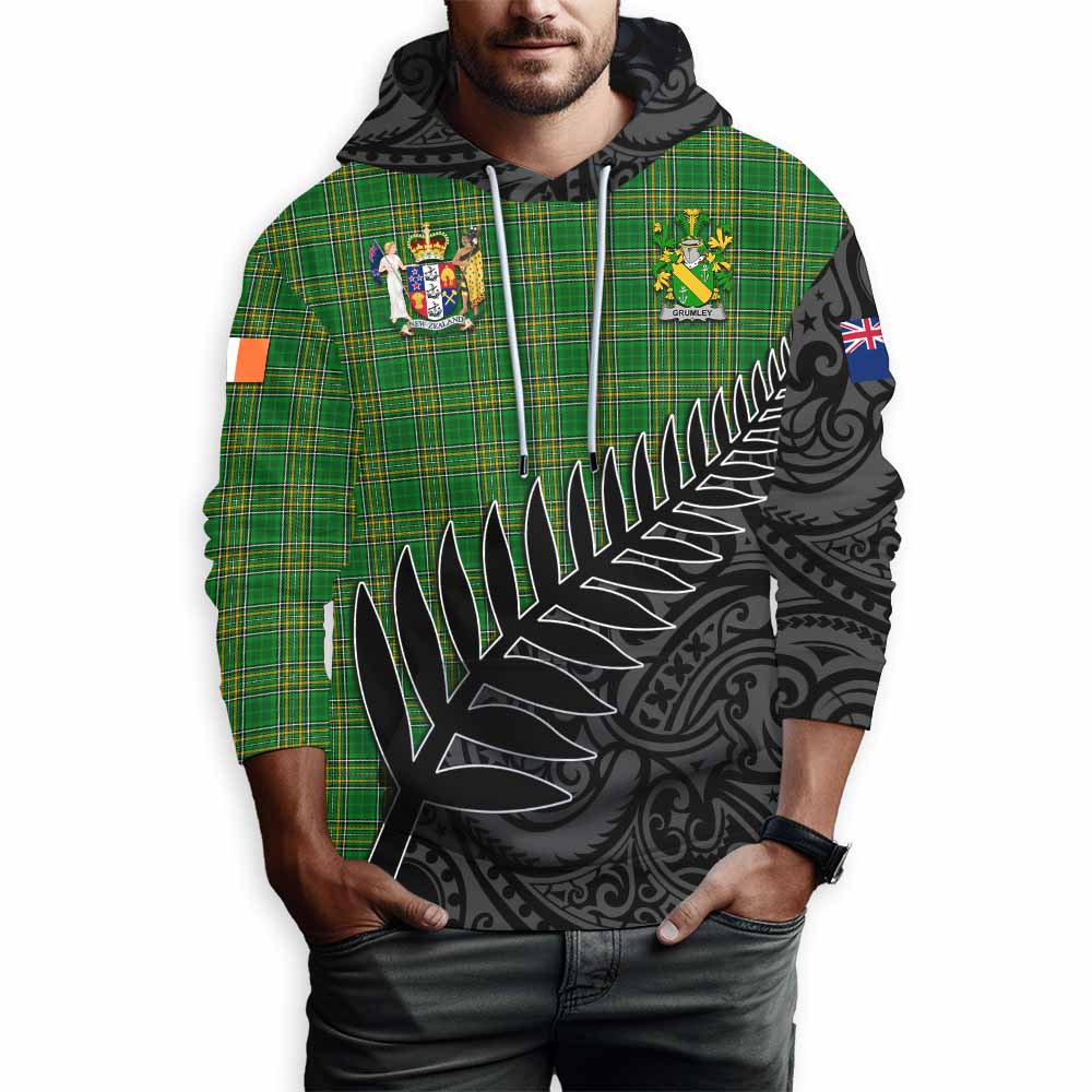 Tartan Vibes Clothing Grumley Irish Clan Tartan Hoodie with Coat of Arms New Zealand Silver Fern Half Style