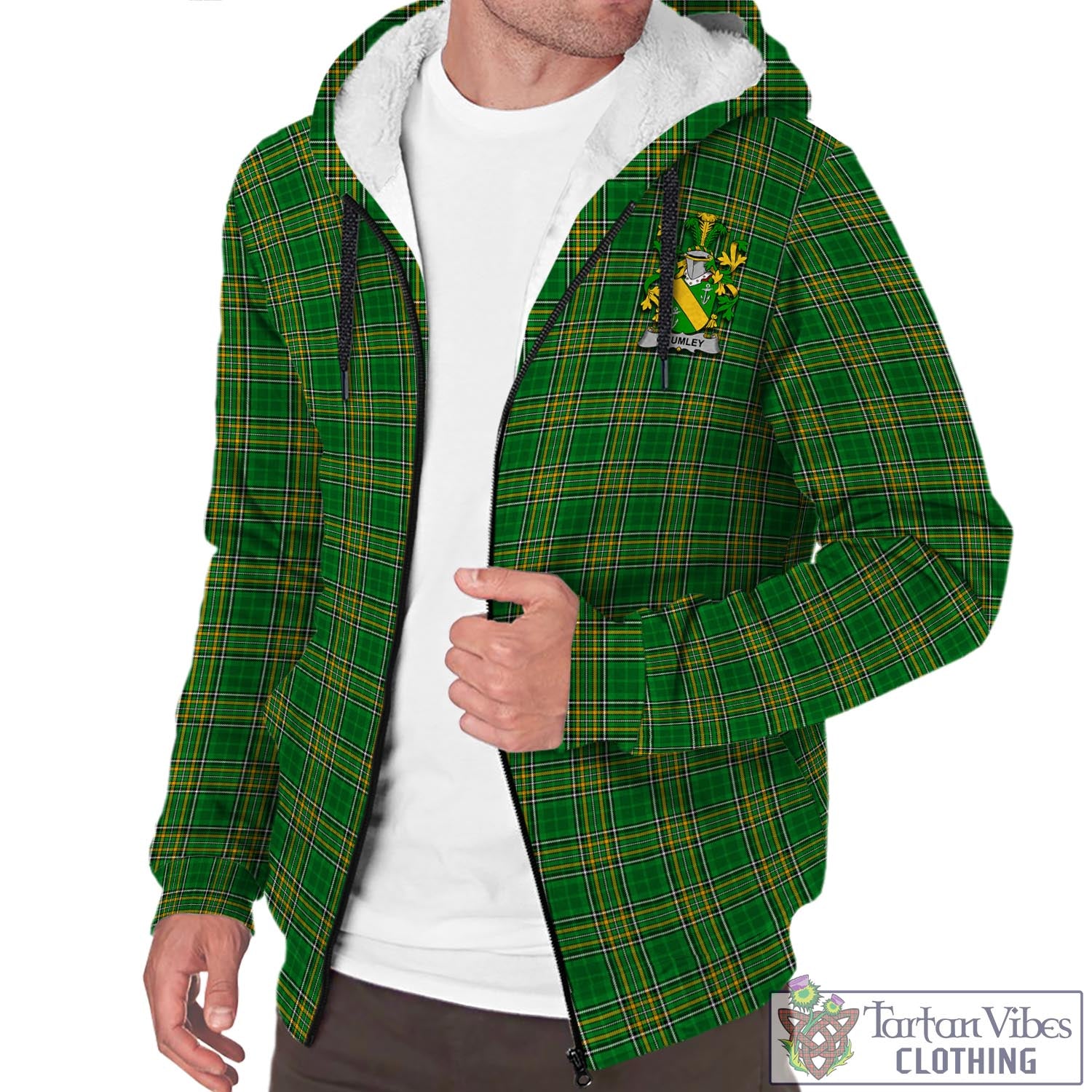 Tartan Vibes Clothing Grumley Ireland Clan Tartan Sherpa Hoodie with Coat of Arms