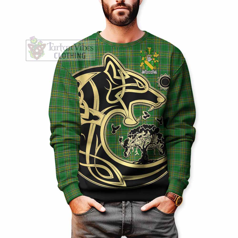 Tartan Vibes Clothing Grumley Irish Tartan Sweatshirt with Coat of Arms Celtic Wolf Style