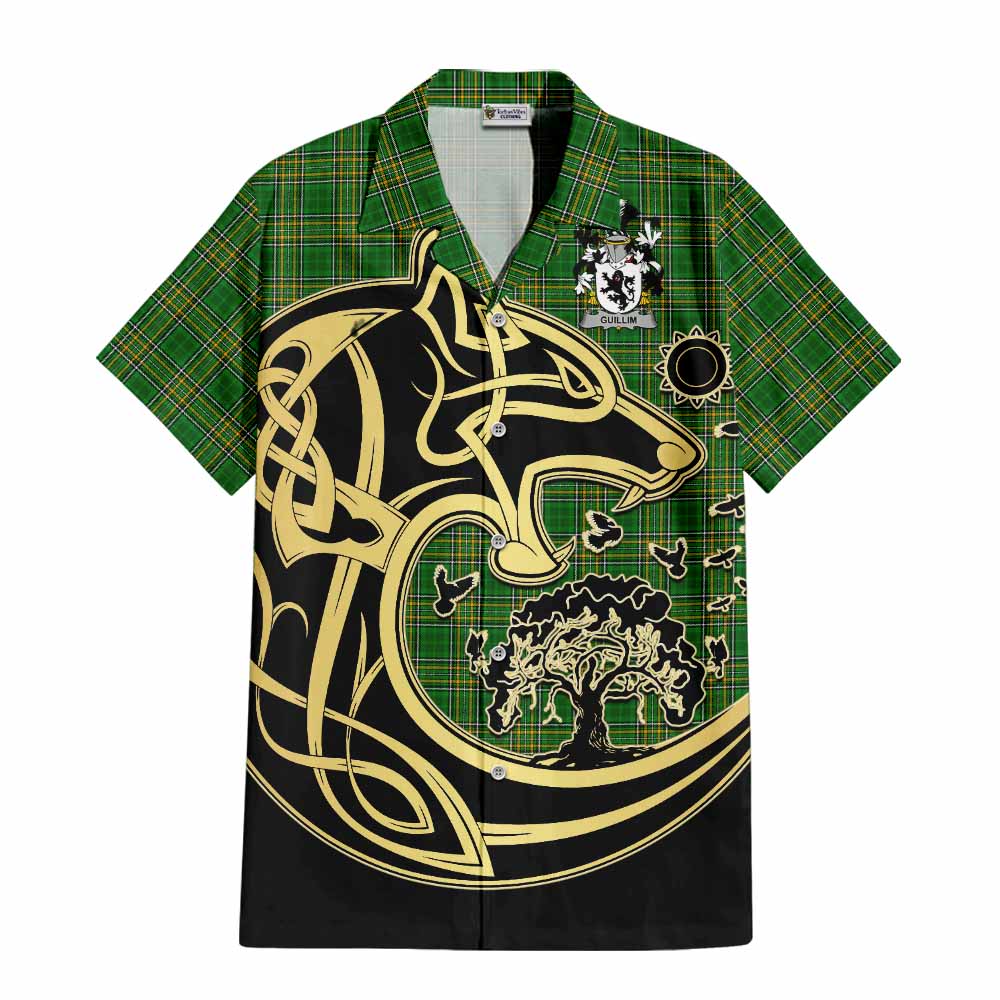 Tartan Vibes Clothing Guillim Irish Tartan Short Sleeve Button Shirt with Coat of Arms Celtic Wolf Style