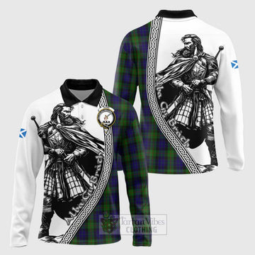 Gunn Tartan Clan Crest Long Sleeve Polo Shirt with Highlander Warrior Celtic Style