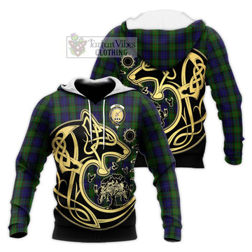 Gunn Tartan Knitted Hoodie with Family Crest Celtic Wolf Style