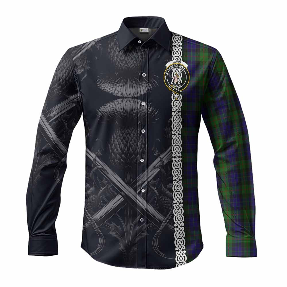 Tartan Vibes Clothing Gunn Tartan Long Sleeve Button Shirt with Family Crest Cross Sword Thistle Celtic Vibes