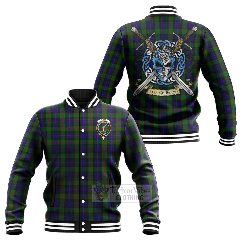 Tartan Vibes Clothing Gunn Tartan Baseball Jacket with Family Crest Celtic Skull Style