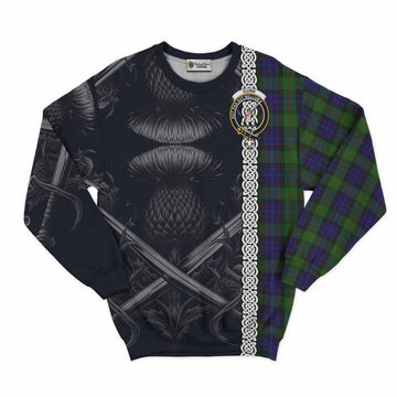 Gunn Tartan Sweatshirt with Family Crest Cross Sword Thistle Celtic Vibes