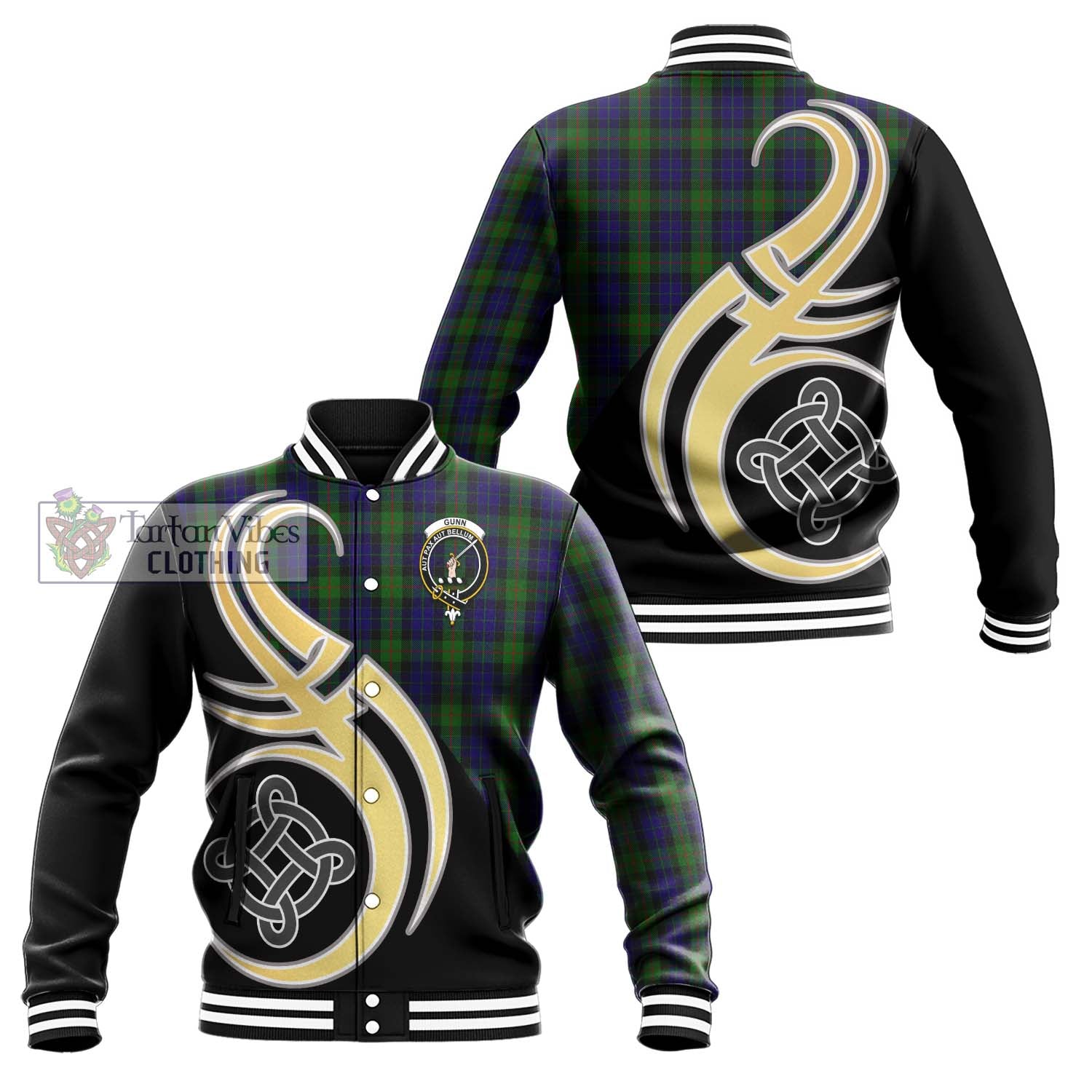 Gunn Tartan Baseball Jacket with Family Crest and Celtic Symbol Style Unisex - Tartan Vibes Clothing