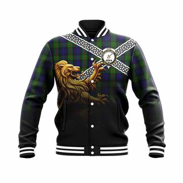 Gunn Crest Tartan Baseball Jacket with Golden Lion Emblem Celtic Style Unisex - Tartan Vibes Clothing