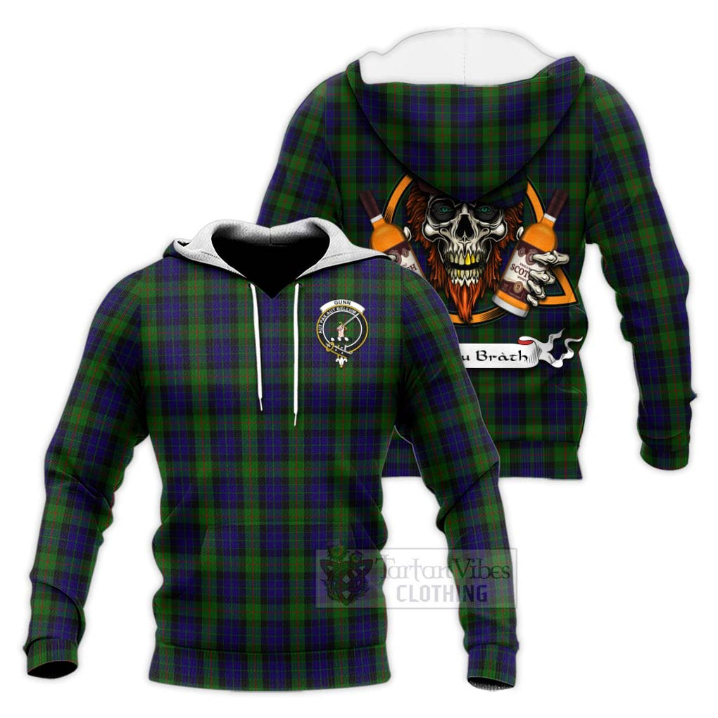 Tartan Vibes Clothing Gunn Tartan Knitted Hoodie with Family Crest and Bearded Skull Holding Bottles of Whiskey