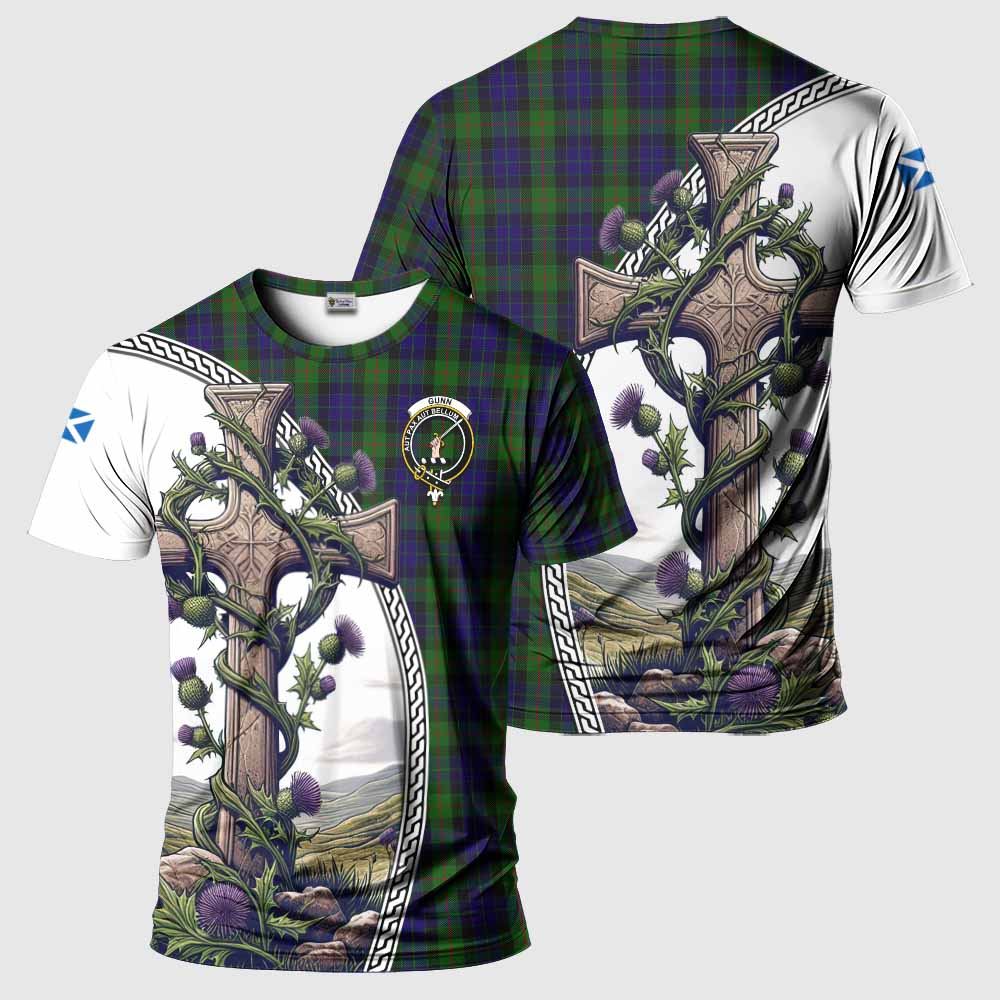 Tartan Vibes Clothing Gunn Agnew Tartan T-Shirt with Family Crest and St. Andrew's Cross Accented by Thistle Vines