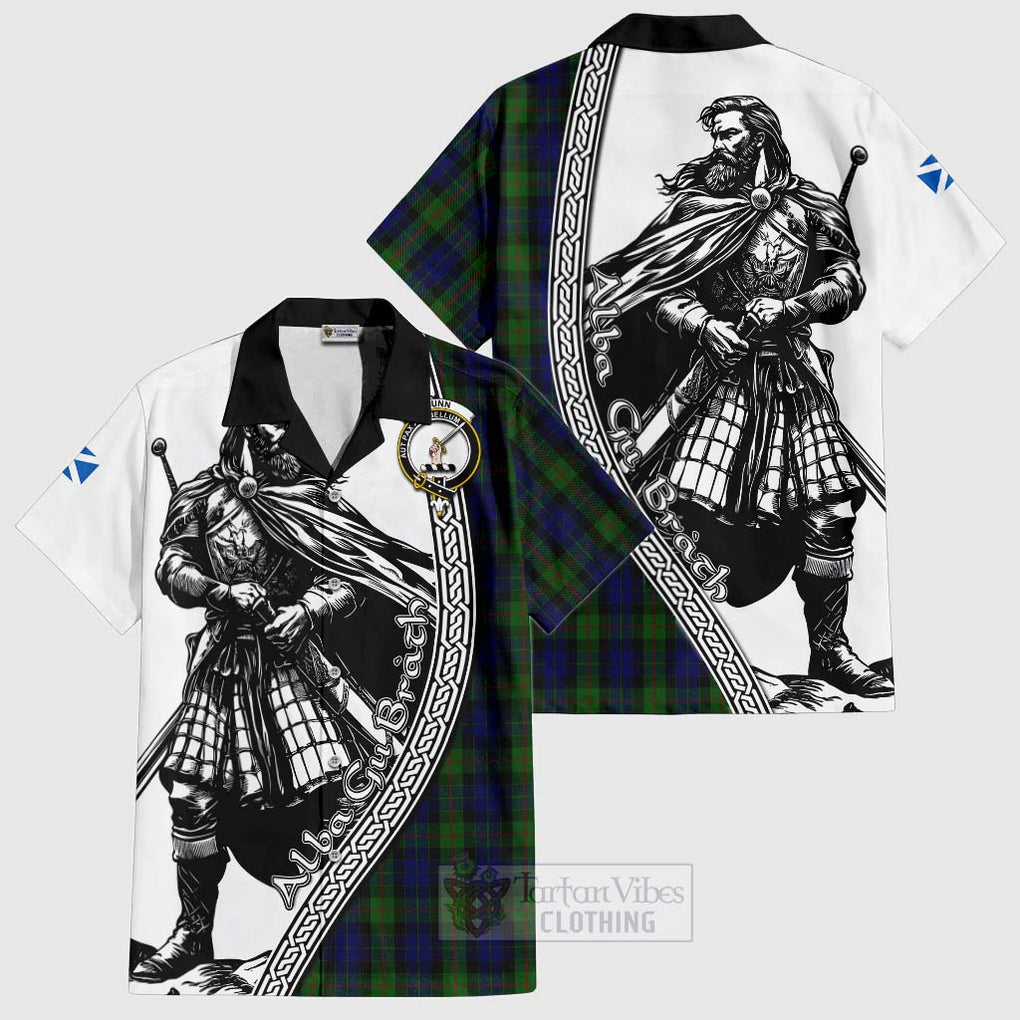 Tartan Vibes Clothing Gunn Tartan Clan Crest Short Sleeve Button Shirt with Highlander Warrior Celtic Style