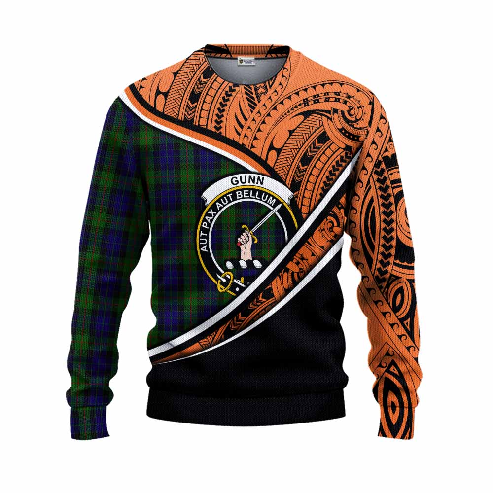 Tartan Vibes Clothing Gunn Crest Tartan Knitted Sweater with Maori Tattoo Style - Orange Version