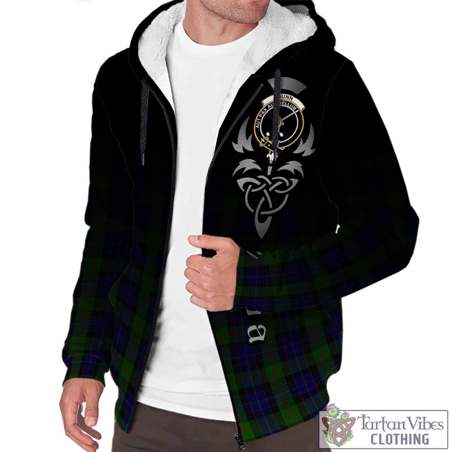 Tartan Vibes Clothing Gunn Tartan Sherpa Hoodie Featuring Alba Gu Brath Family Crest Celtic Inspired