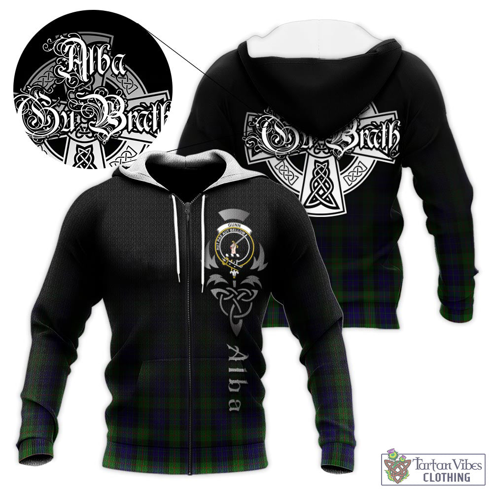 Tartan Vibes Clothing Gunn Tartan Knitted Hoodie Featuring Alba Gu Brath Family Crest Celtic Inspired