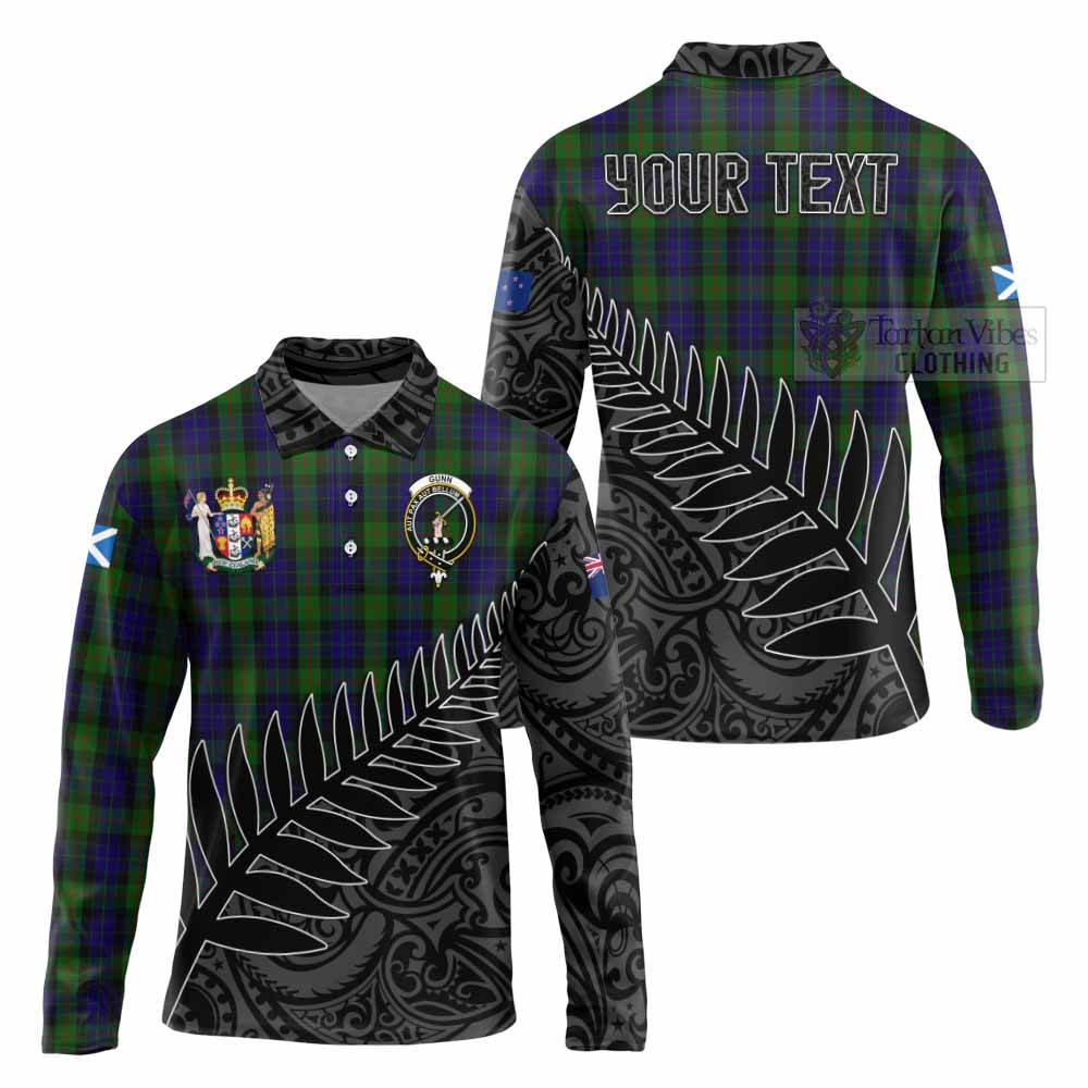 Tartan Vibes Clothing Gunn Crest Tartan Long Sleeve Polo Shirt with New Zealand Silver Fern Half Style