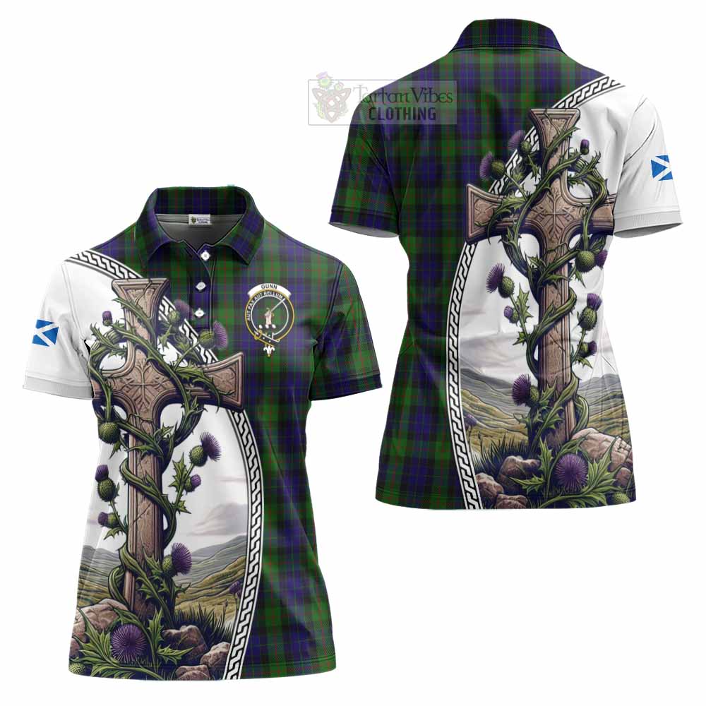 Tartan Vibes Clothing Gunn Tartan Women's Polo Shirt with Family Crest and St. Andrew's Cross Accented by Thistle Vines