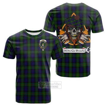 Gunn Tartan Cotton T-shirt with Family Crest and Bearded Skull Holding Bottles of Whiskey