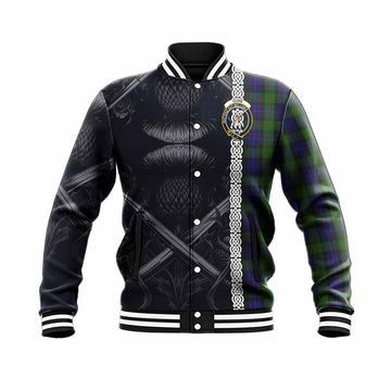 Gunn Tartan Baseball Jacket with Family Crest Cross Sword Thistle Celtic Vibes Unisex - Tartan Vibes Clothing