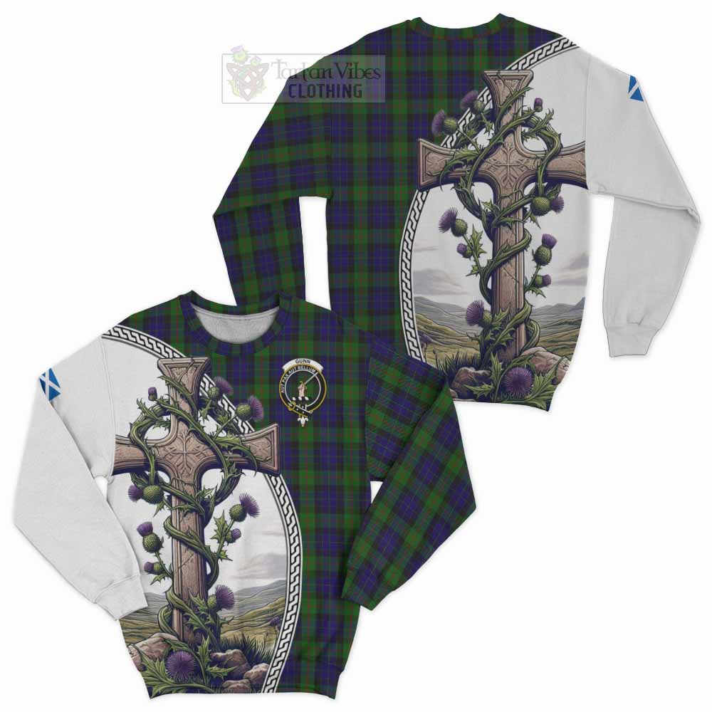 Tartan Vibes Clothing Gunn Tartan Sweatshirt with Family Crest and St. Andrew's Cross Accented by Thistle Vines