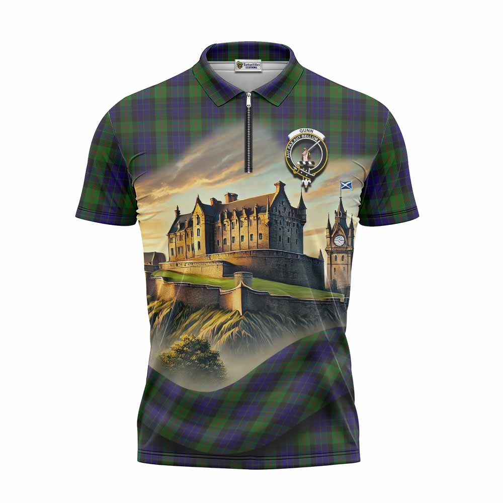 Gunn Tartan Family Crest Zipper Polo Shirt with Scottish Ancient Castle Style Unisex - Tartan Vibes Clothing