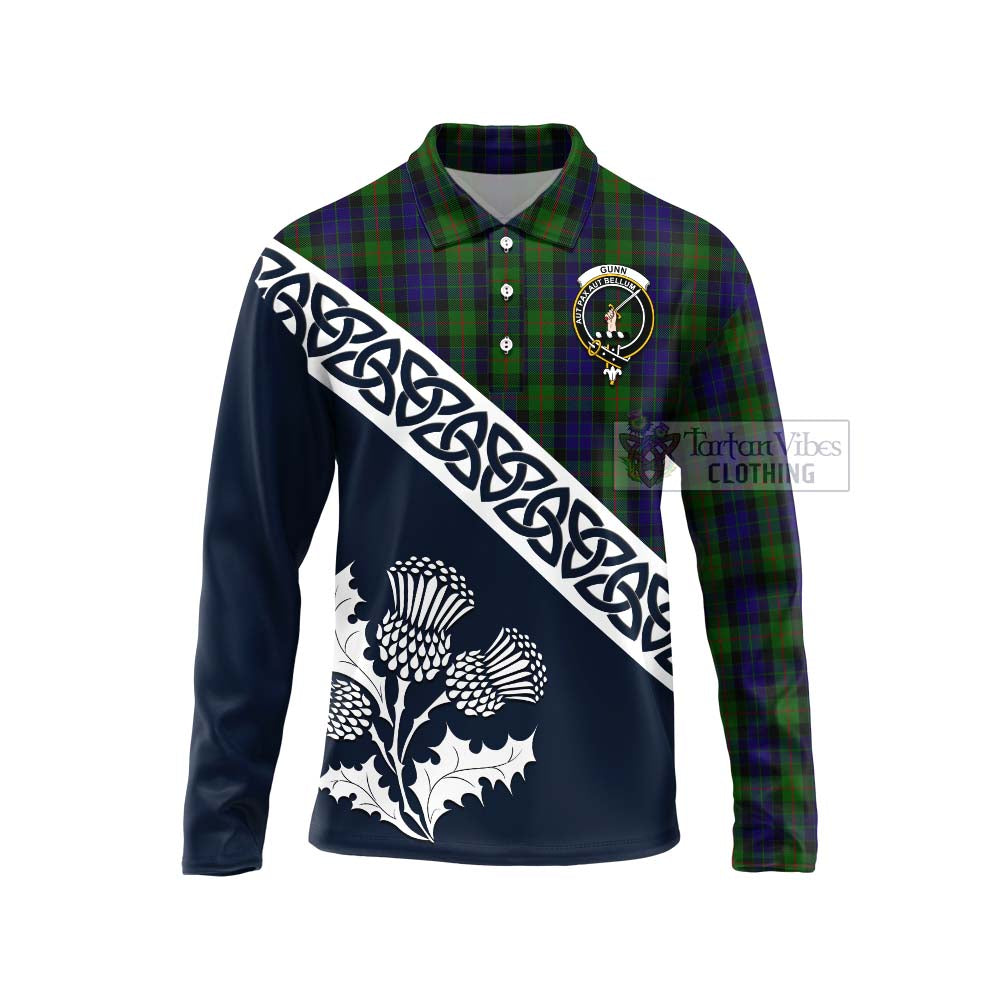 Tartan Vibes Clothing Gunn Tartan Long Sleeve Polo Shirt Featuring Thistle and Scotland Map