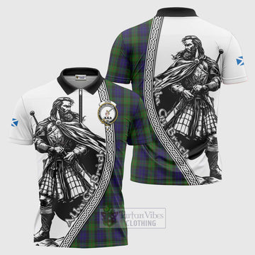 Gunn Tartan Clan Crest Zipper Polo Shirt with Highlander Warrior Celtic Style