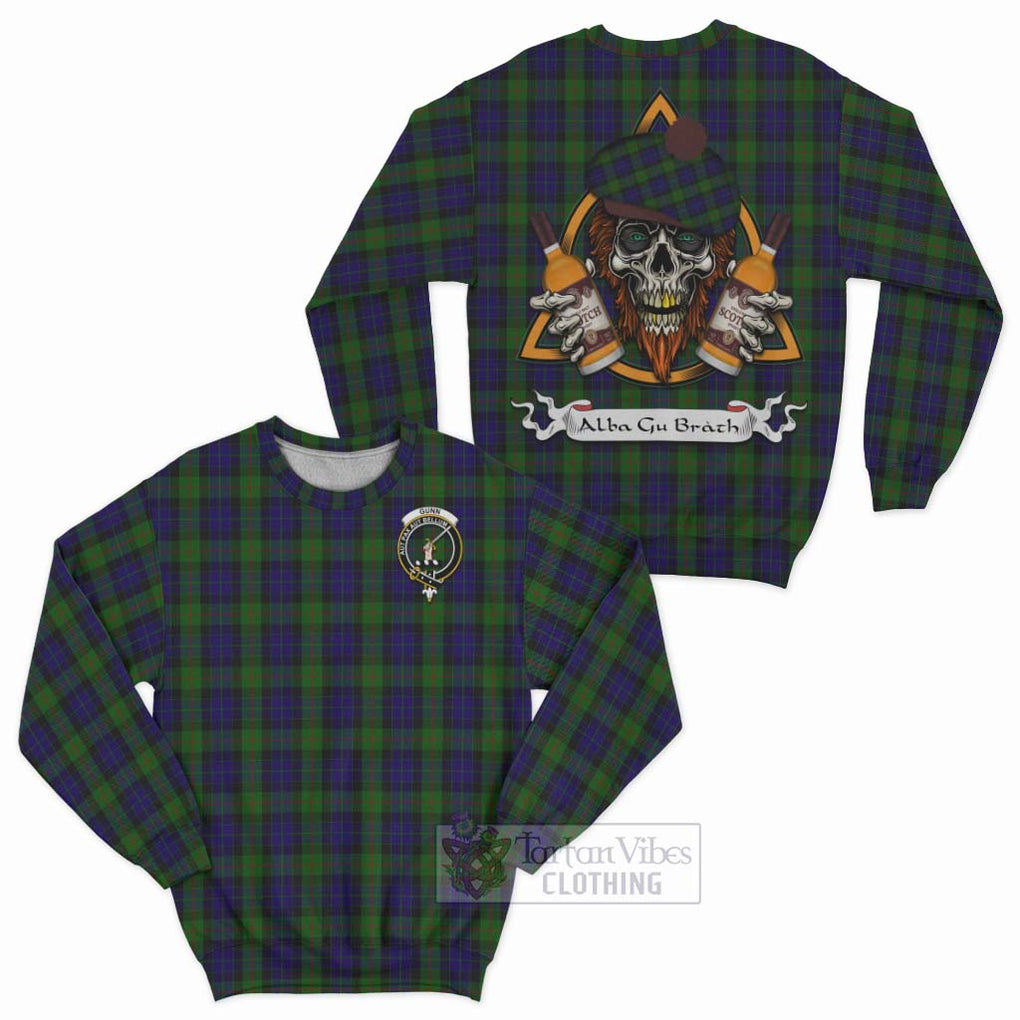 Tartan Vibes Clothing Gunn Tartan Sweatshirt with Family Crest and Bearded Skull Holding Bottles of Whiskey