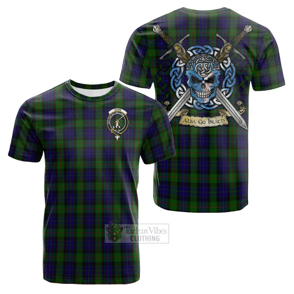 Tartan Vibes Clothing Gunn Tartan Cotton T-shirt with Family Crest Celtic Skull Style