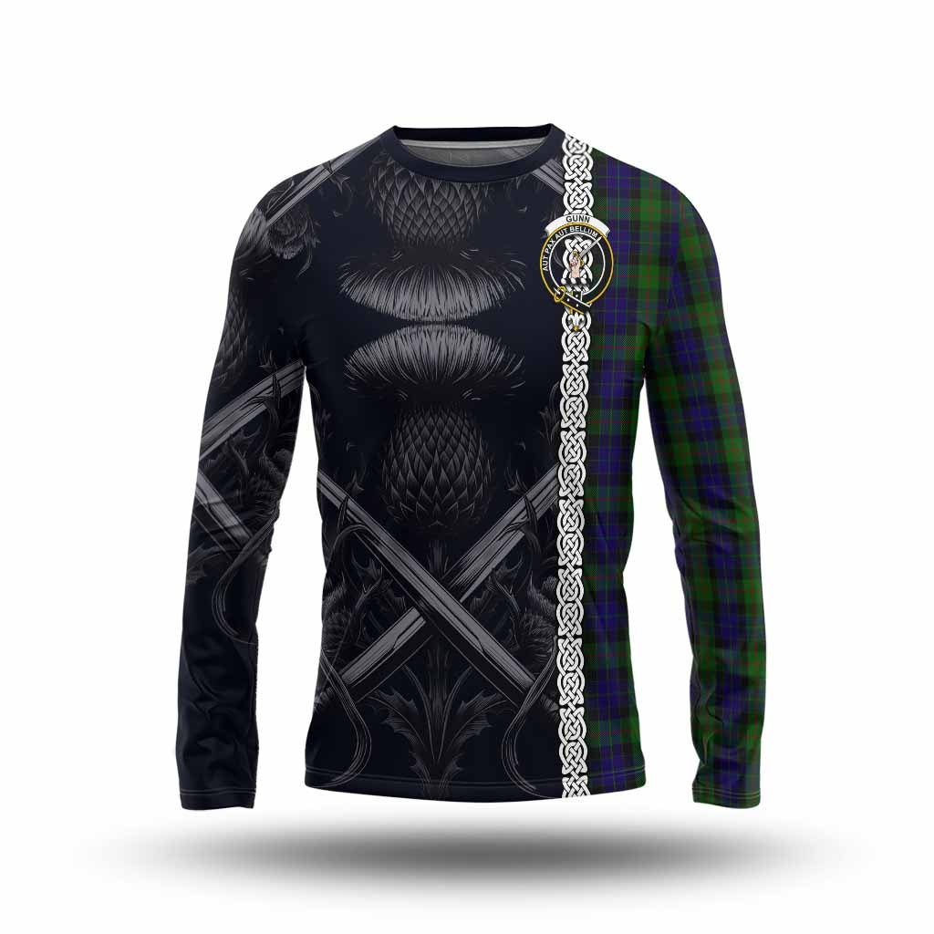 Tartan Vibes Clothing Gunn Tartan Long Sleeve T-Shirt with Family Crest Cross Sword Thistle Celtic Vibes