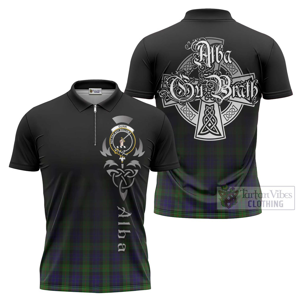 Tartan Vibes Clothing Gunn Tartan Zipper Polo Shirt Featuring Alba Gu Brath Family Crest Celtic Inspired