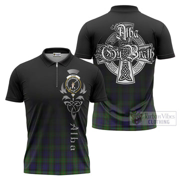 Gunn Tartan Zipper Polo Shirt Featuring Alba Gu Brath Family Crest Celtic Inspired