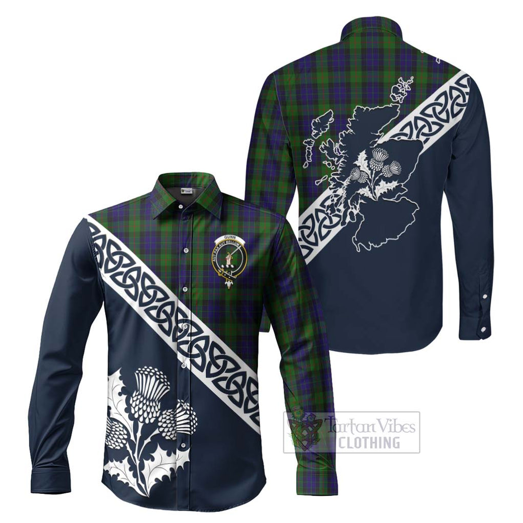 Gunn Tartan Long Sleeve Button Shirt Featuring Thistle and Scotland Map Men's Shirt S - Tartan Vibes Clothing