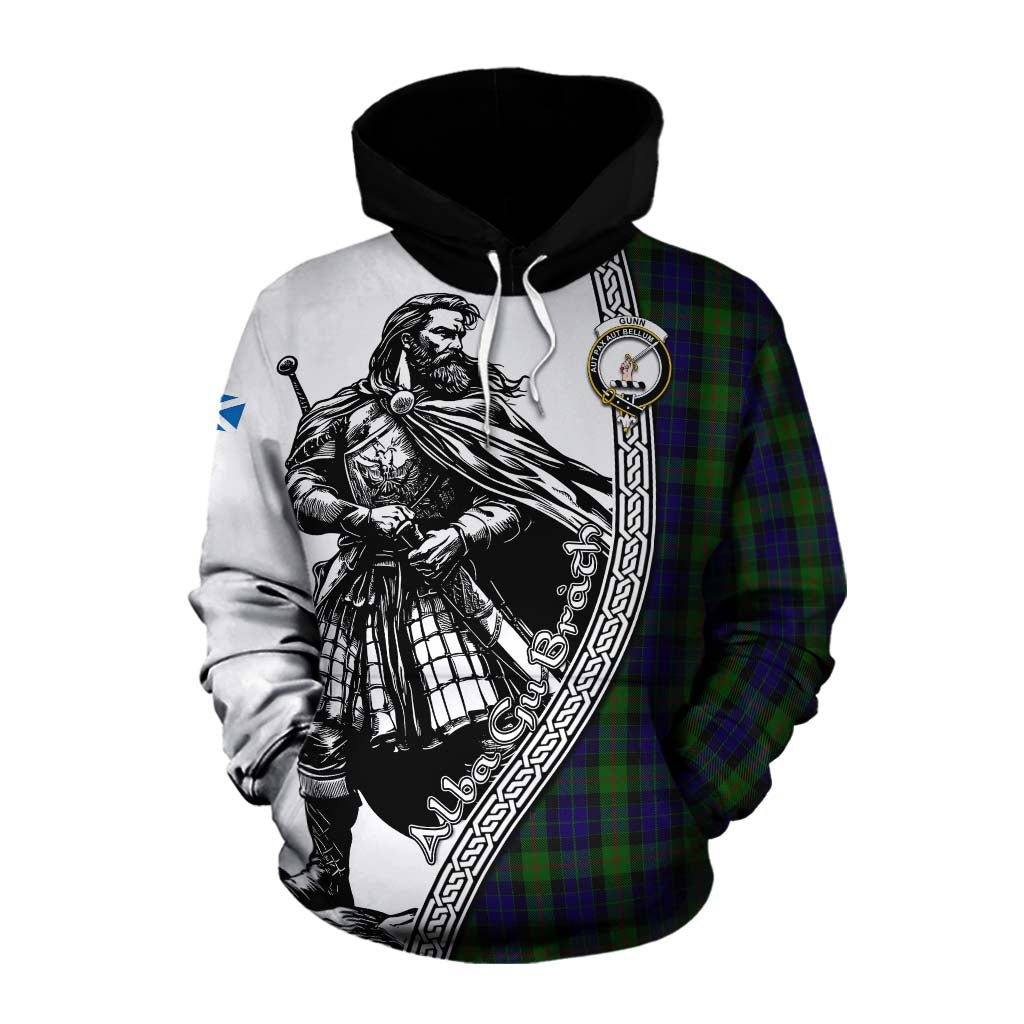 Tartan Vibes Clothing Gunn Tartan Clan Crest Cotton Hoodie with Highlander Warrior Celtic Style