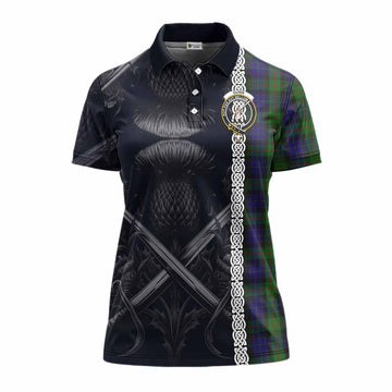 Gunn Tartan Women's Polo Shirt with Family Crest Cross Sword Thistle Celtic Vibes