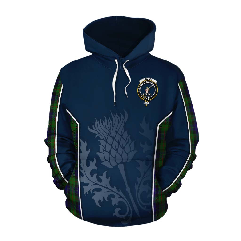 Tartan Vibes Clothing Gunn Tartan Cotton Hoodie with Family Crest and Scottish Thistle Vibes Sport Style