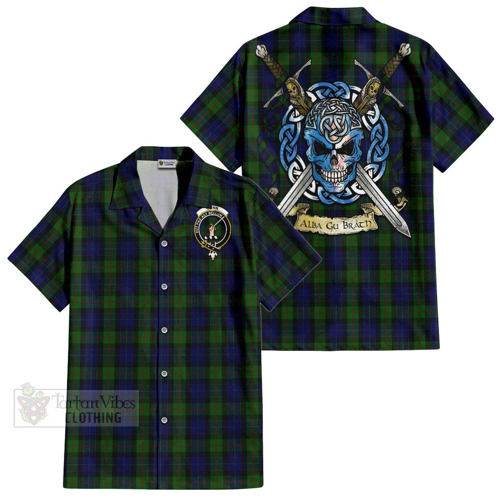 Tartan Vibes Clothing Gunn Tartan Short Sleeve Button Shirt with Family Crest Celtic Skull Style