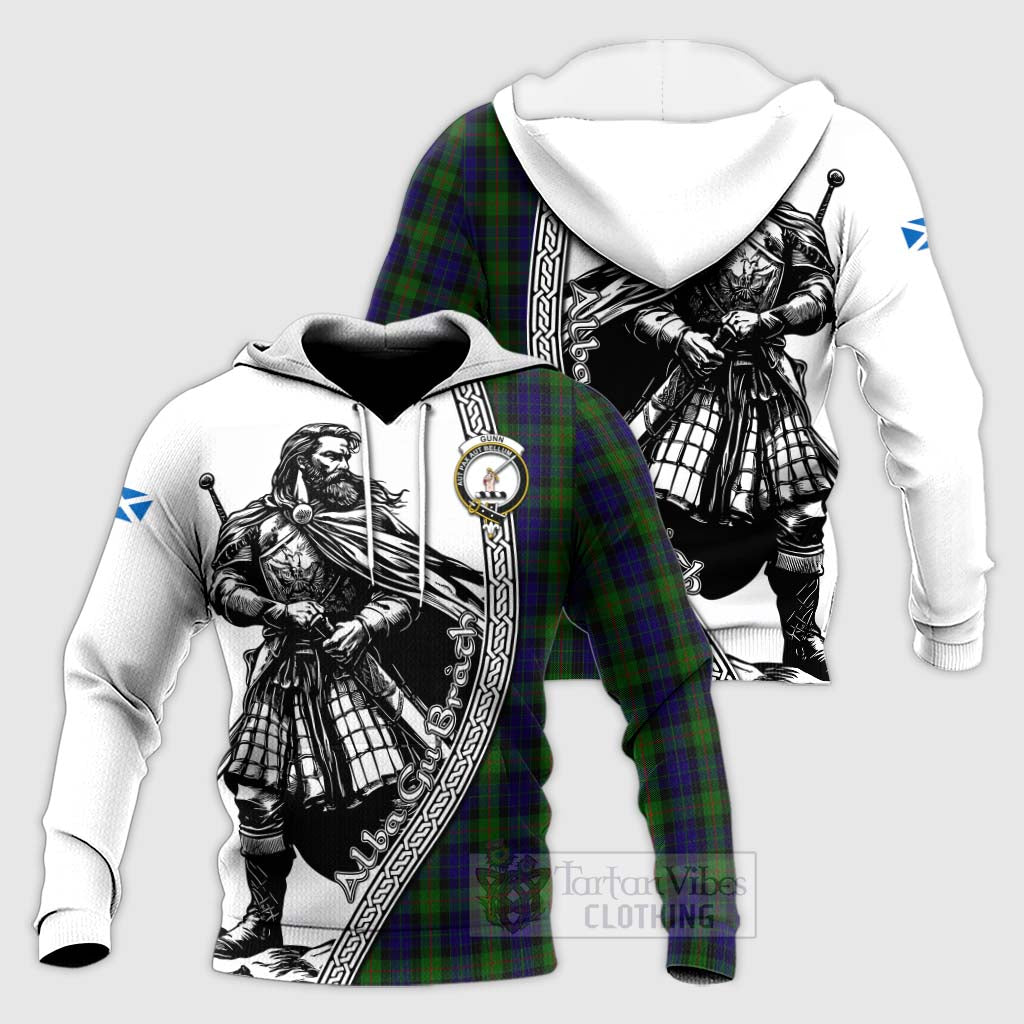 Tartan Vibes Clothing Gunn Tartan Clan Crest Knitted Hoodie with Highlander Warrior Celtic Style