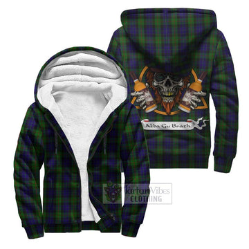 Gunn Tartan Sherpa Hoodie with Family Crest and Bearded Skull Holding Bottles of Whiskey